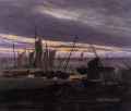 Barcos en el puerto por la noche el romántico Caspar David Friedrich